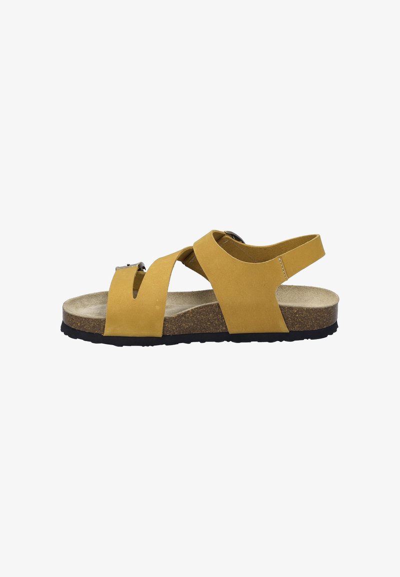 Yellow suede sandals with a cork footbed, featuring wide crossing straps and a back strap for support. Rubber outsole provides traction.