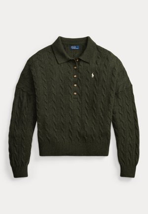 Polo Ralph Lauren, CABLE WOOL CASHMERE POLO-COLLAR SWEATER - Svetrík - olive umber heather