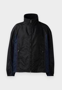 Black and navy windbreaker jacket featuring a high collar, zippered front, and side pockets with elastic cuffs and a smooth texture.