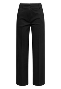 Pantalon noir taille haute à jambes droites avec fermeture par bouton et zip, passants pour ceinture, et plis sur le devant.