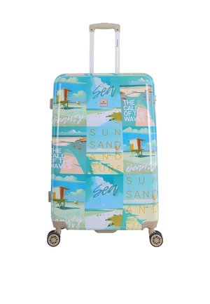 Hard-shell suitcase with a light blue and multicolored coastal print, featuring a telescopic handle, spinner wheels, and various beach-themed graphics.