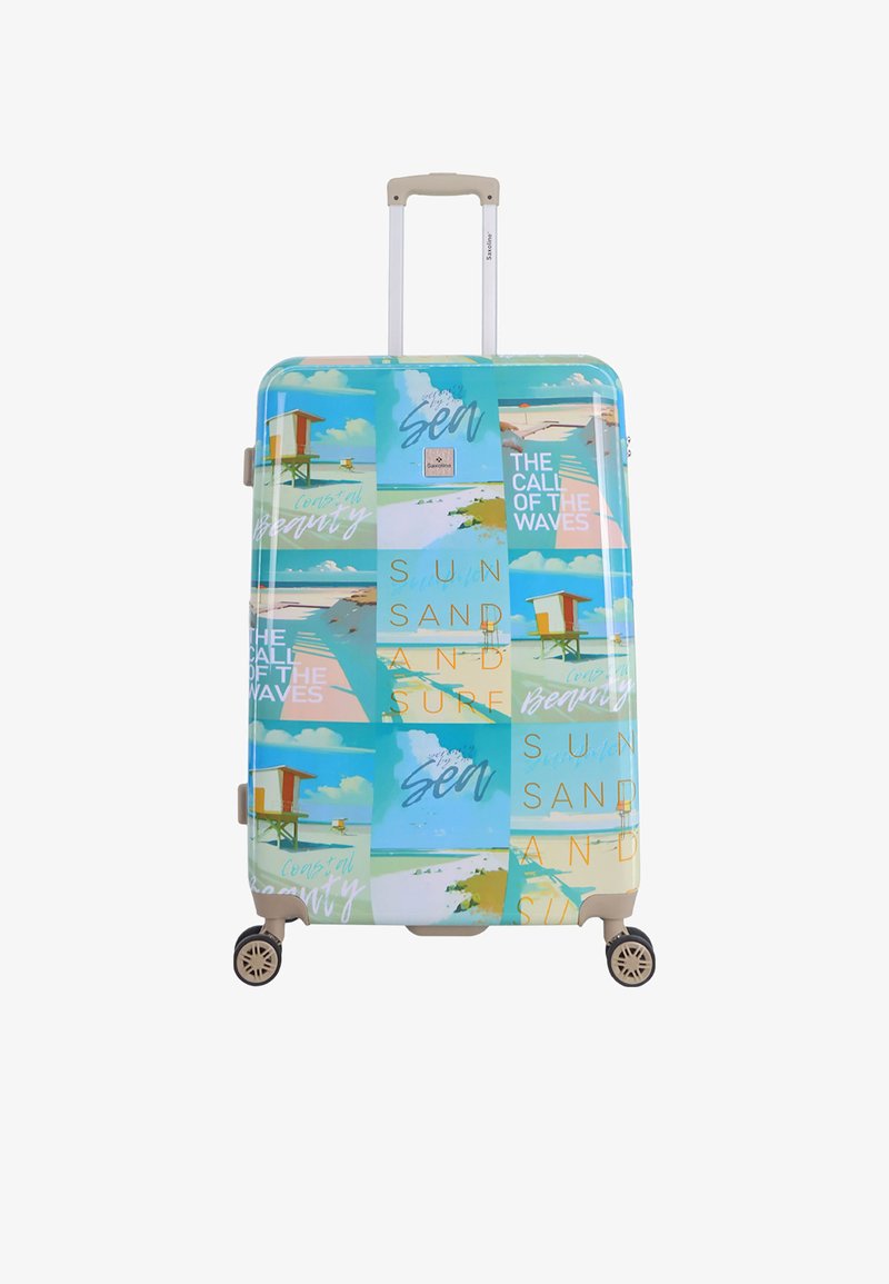 Hard-shell suitcase with a light blue and multicolored coastal print, featuring a telescopic handle, spinner wheels, and various beach-themed graphics.