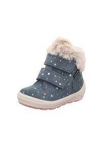 Blaue Wildleder-Ankle Boots mit Sternmustern, fuzzy cremefarbener Pelzkragen, zwei Klettverschlüsse und einer strukturierten weißen und rosa Gummisohle.