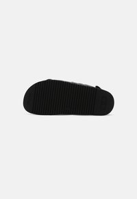 Sandale noire slide vue par le dessous, avec un motif de semelle côtelé et un petit logo près du talon.