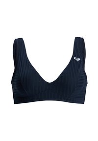 Μαύρο ριμπ αθλητικό σουτιέν με φαρδιές τιράντες και μικρό λευκό λογότυπο στο πάνω αριστερό μέρος, σχεδιασμένο για αθλητική χρήση.