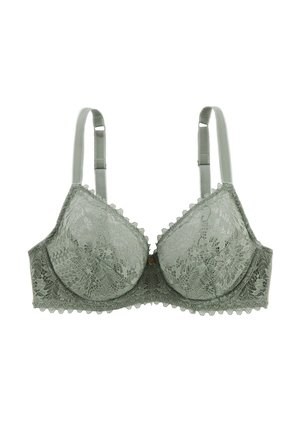 Soutien-gorge en dentelle vert clair avec bretelles ajustables et armatures, présentant des motifs floraux et des bords festonnés.
