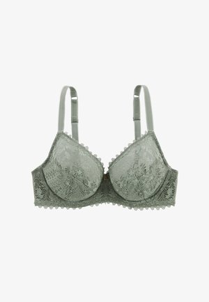 Soutien-gorge en dentelle vert clair avec bretelles ajustables et armatures, présentant des motifs floraux et des bords festonnés.