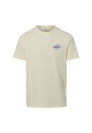 Crèmekleurig T-shirt met korte mouwen en ronde hals, kleine blauwe kreeftgrafiek en rode "FISH BAR" tekst op de linkerborst.