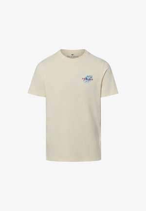 Kremowy T-shirt z krótkim rękawem i okrągłym dekoltem, z małą niebieską grafiką homara oraz czerwonym napisem "FISH BAR" na lewej piersi.