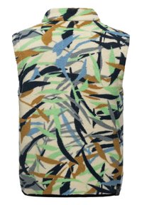 Gilet in pile color crema con motivi astratti di foglie verdi, blu, marroni e nere. Collo alto, senza maniche e superficie testurizzata.