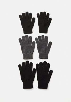 Zes paar handschoenen gerangschikt in twee rijen. Kleuren: twee zwarte, vier grijze met verschillende texturen. Ze hebben allemaal ribbels aan de manchetten en een standaardvorm.