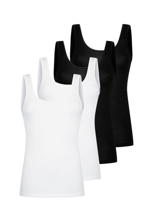 Twee witte en twee zwarte mouwloze tanktops afwisselend weergegeven op een witte achtergrond.