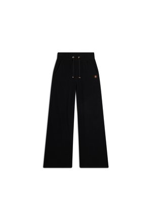 Pantaloni neri a gamba larga realizzati in un tessuto morbido, dotati di una vita elastica con coulisse, due tasche laterali e un piccolo dettaglio con logo.
