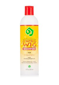 White plastic bottle with a red cap, featuring bright yellow label with green logo and bold red text stating "Control Wig Shampoo." 12 fl. oz.