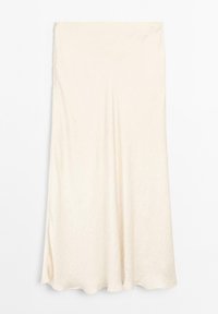 Jupe maxi en satin écru, présentant une texture lisse, un design fluide et un ourlet légèrement évasé, sans motifs ni éléments métalliques visibles.