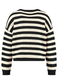 Schwarz-weiß gestreifter Pullover mit einem kurzen Design, geripptem Ausschnitt und langen Ärmeln. Strukturiertes Material mit einem lockeren Strickfinish.