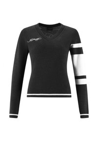 Black knit sweater with a v-neck, featuring white stripes on the left sleeve and a white accent at the hem. Embroidered logo on chest.