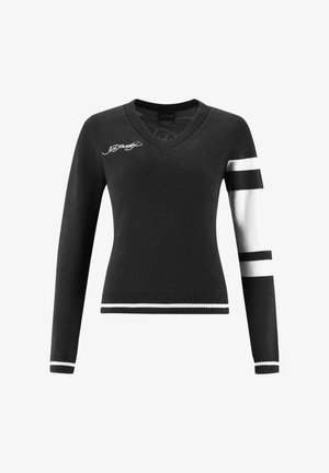 Schwarzer Strickpullover mit V-Ausschnitt, der weiße Streifen am linken Ärmel und einen weißen Akzent am Saum aufweist. Gesticktes Logo auf der Brust.