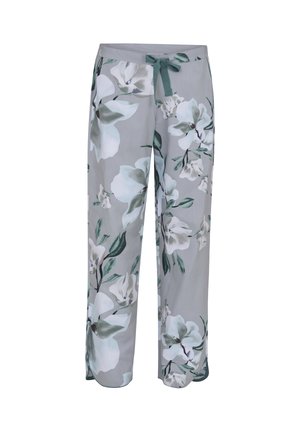 Graue Schlafanzughosen mit großem weiß-grünem Blumenmuster, mit grünem Kordelzug in der Taille und locker geschnittenem, geradem Bein.