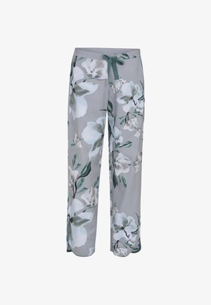 Pantalon de pyjama gris avec un grand imprimé floral blanc et vert, comprenant un cordon de serrage vert à la taille et une coupe droite décontractée.