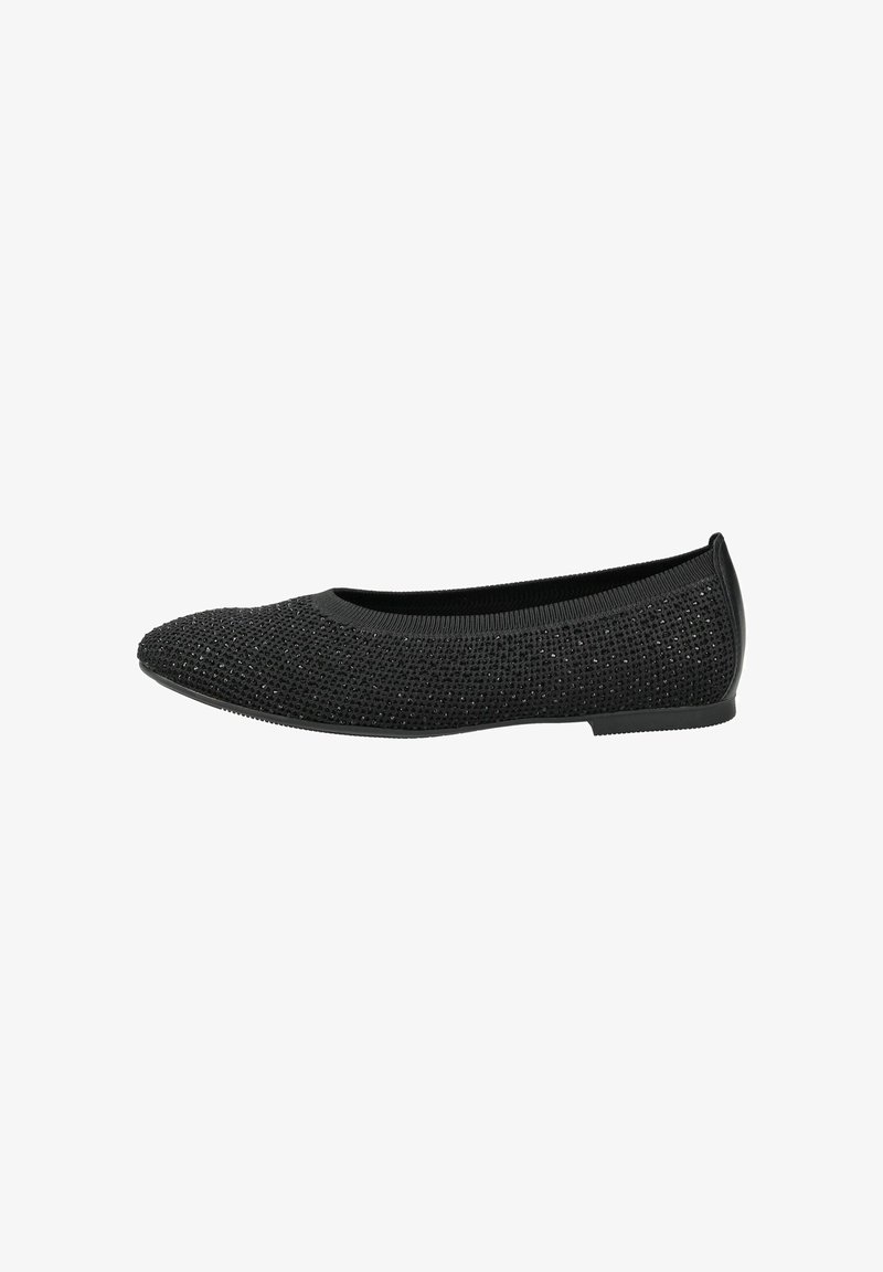 Mocassin plat pour femmes noires, avec tige tissée texturée et petit talon, présenté en profil sur fond blanc.