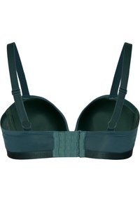 Teal bra featuring molded cups, adjustable straps, and a hook-and-eye closure. Smooth texture with a wide underband and minimal detailing.