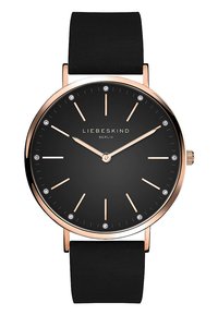 Schwarze Uhr mit rundem Ziffernblatt, roségoldenen Akzenten, minimalistischer Gestaltung und funkelnden Stundenmarkierungen. Verfügt über ein schwarzes, strukturiertes Armband.