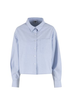 Lichtblauw overhemd met knopen, lange mouwen, een borstzak aan de linkerkant en een spitse kraag, kortgeknipt tot de taille.