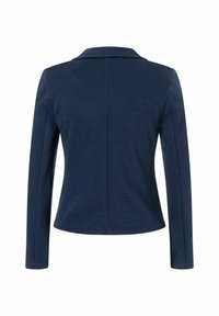 Navy blue fitted blazer with a notched collar, long sleeves, textured fabric, and a smooth finish; features a center back seam.