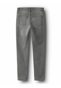 Jeans en denim gris avec une coupe fuselée. Comprend deux poches arrière et une texture subtile. Taille standard avec passants de ceinture.