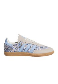 Wildleder- und Textilsneaker mit blauem Blumenmuster, drei blauen Streifen, beiger Zehenkappe und Sohle aus Gummigummi. Klassisches Design mit gewelltem Kragen.
