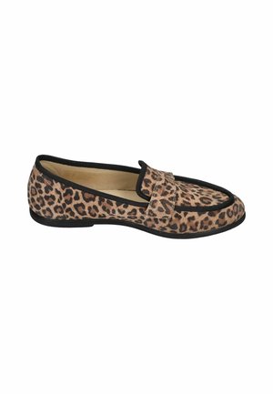 Damen flacher Loafer mit braun-schwarzem Leopardenmuster-Stoff und schwarzem Rand um die Öffnung und Sohle.