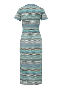 Abito a maniche corte con motivo ondulato in teal, marrone e crema. Realizzato in un tessuto liscio con una silhouette aderente e lunghezza al ginocchio.