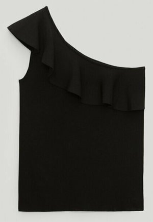 Haut noir asymétrique à une épaule avec un col à volants s'étendant de l'épaule jusqu'à la poitrine.