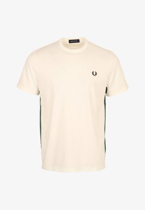 Effen wit T-shirt met korte mouwen en een klein zwart lauwerkranslogo op de linkerborst en donkergroene strepen langs de zijkanten.