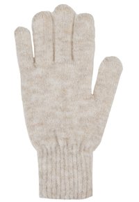 Guante de lana en color beige claro, con un diseño de punto y puño acanalado. Estilo de cinco dedos con un acabado suave y texturizado.