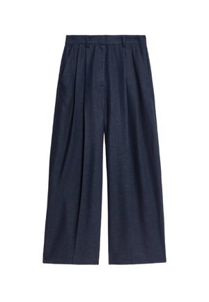 Navy blue wide-leg pants made of linen, featuring a high waist, pleated front, and side pockets for functionality.