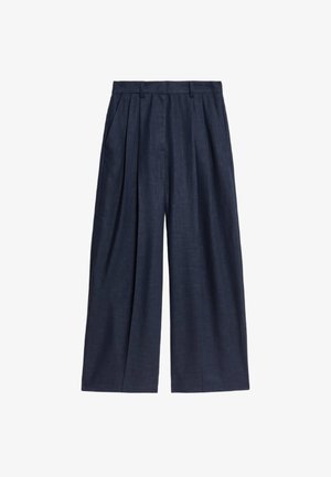 Navy blue wide-leg pants made of linen, featuring a high waist, pleated front, and side pockets for functionality.