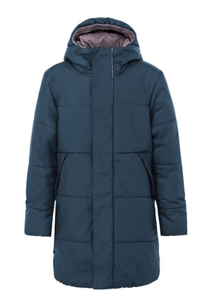 Cappotto invernale imbottito blu scuro con cappuccio e tasche frontali, progettato per calore e utilizzo all'aperto.