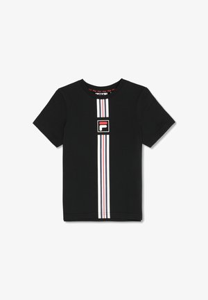 T-shirt nera a maniche corte con strisce verticali centrali bianche e rosse e un logo quadrato con una "F" stilizzata rossa e bianca.