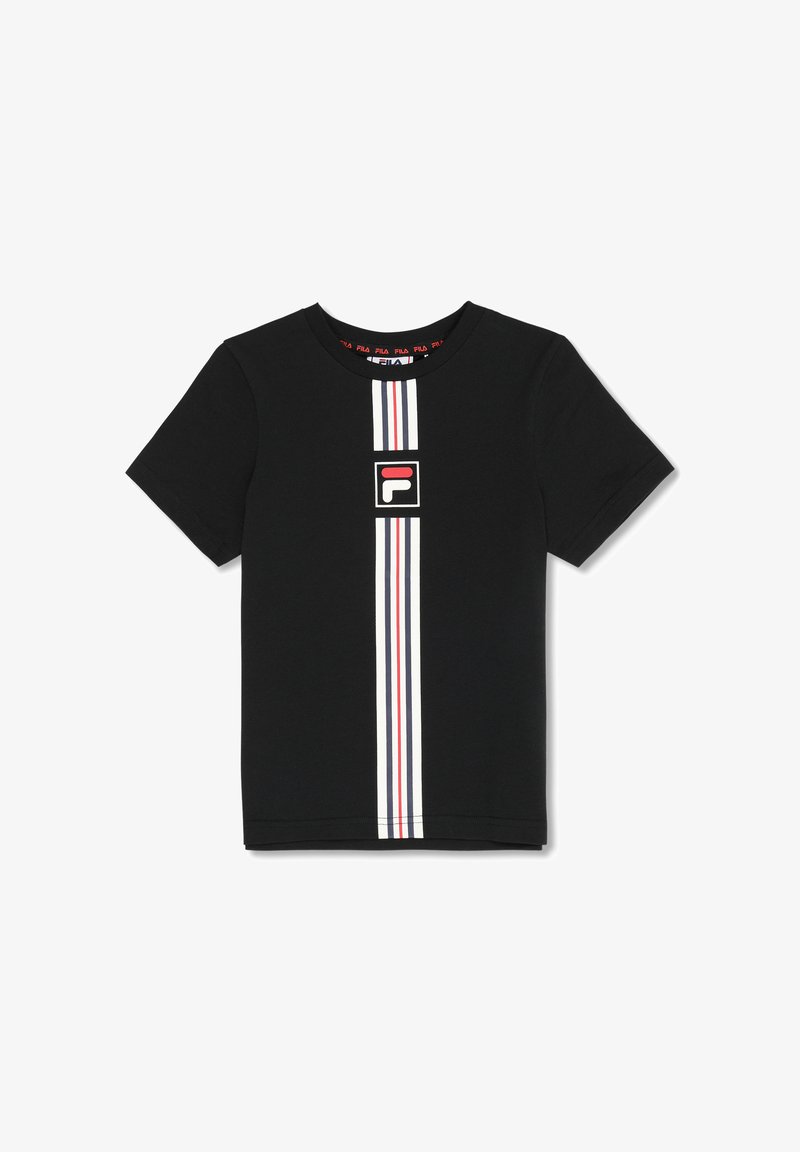 Camiseta negra de manga corta con rayas verticales blancas y rojas en el centro y un logo cuadrado con una "F" estilizada en rojo y blanco.
