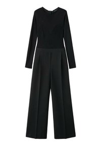 Mono negro de manga larga con cuerpo de textura acanalada y pantalones de pierna ancha, con escote redondo y cierre de cremallera en la espalda.