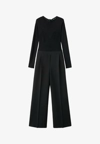 Mono negro de manga larga con cuerpo de textura acanalada y pantalones de pierna ancha, con escote redondo y cierre de cremallera en la espalda.