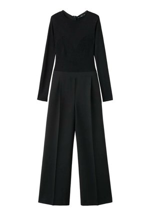 Schwarzer Jumpsuit mit langen Ärmeln, geripptem, strukturiertem Oberteil und weiten Hosenbeinen, mit rundem Ausschnitt und Reißverschluss auf der Rückseite.