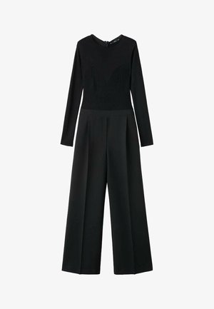 Schwarzer Jumpsuit mit langen Ärmeln, geripptem, strukturiertem Oberteil und weiten Hosenbeinen, mit rundem Ausschnitt und Reißverschluss auf der Rückseite.