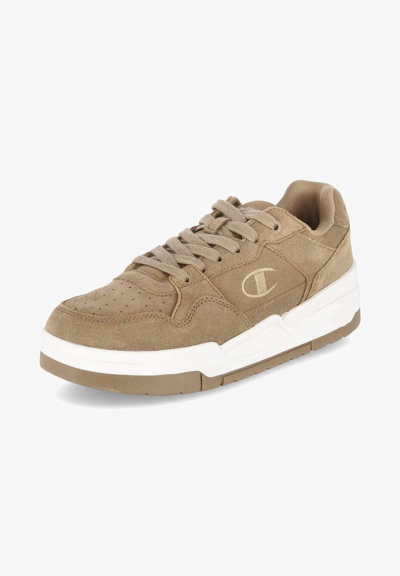 Hellbrauner Wildleder-Sneaker mit perforierter Zehenpartie, weißer Gummisohle und passenden Schnürsenkeln. Mit einem auf der Seite eingeprägten Logo.