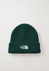 Zöld kötött sapka bordázott textúrával és hajtott szegéllyel. Fehér "The North Face" logóval ellátott téglalap alakú folt található rajta.