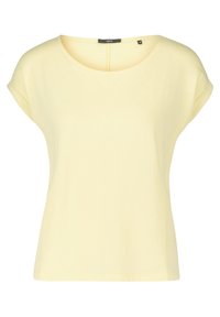 Lys gul t-shirt med korte ærmer, rund halsudskæring og optrukne ærmer. Fremstillet af blødt, åndbart stof og har en afslappet pasform.