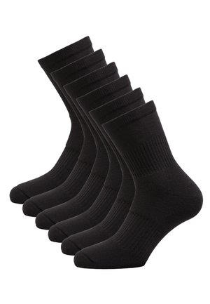 Fascia di sei calzini neri, di lunghezza media, realizzati in cotone misto. Caratterizzati da una fascia a coste e da una texture liscia e morbida.
