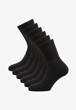 Fascia di sei calzini neri, di lunghezza media, realizzati in cotone misto. Caratterizzati da una fascia a coste e da una texture liscia e morbida.